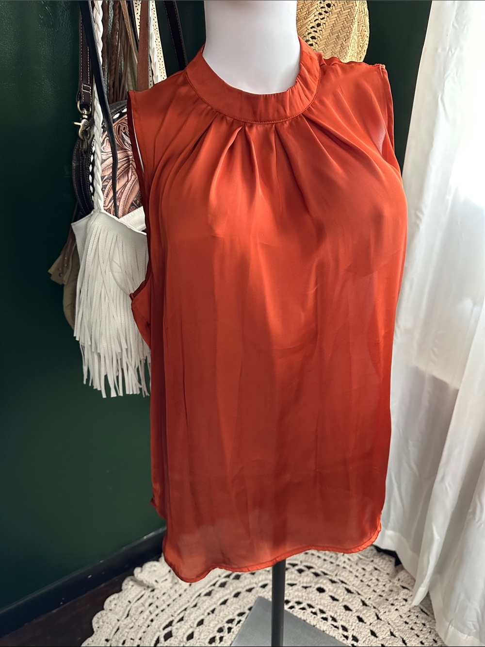 Elementz Rust Orange Sleeveless Pleated Neck Camisole